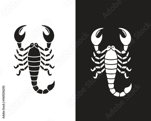 Minimalist Scorpion Silhouette Vector Icon on Black and White Backgrounds – Ideal for Tattoos, Logos, Emblems, Stickers, and Graphic Design Projects – Perfect for Bold, Modern, and Symbolic Artwork.
