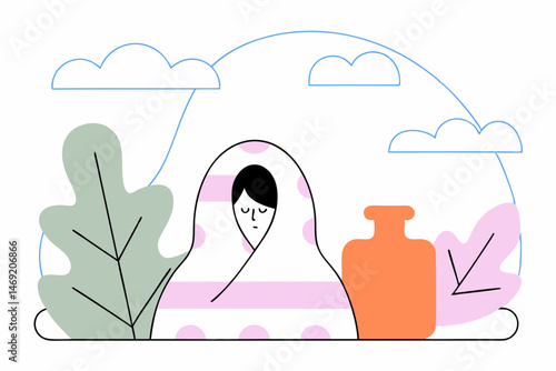 Self-Care and Recovery with Doodle of Person Wrapped in Blanket with Hot Water Bottle