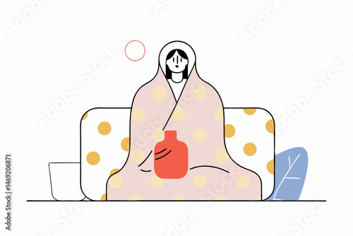 Self-Care and Recovery with Doodle of Person Wrapped in Blanket with Hot Water Bottle