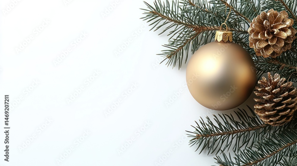 Golden Christmas ornament, pine branches, and pine cones on a white background Golden Christmas ornament, pine branches, and pine cones on a white background