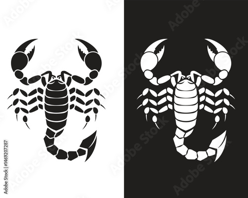 Minimalist Scorpion Silhouette Vector Icon on Black and White Backgrounds – Ideal for Tattoos, Logos, Emblems, Stickers, and Graphic Design Projects – Perfect for Bold, Modern, and Symbolic Artwork.