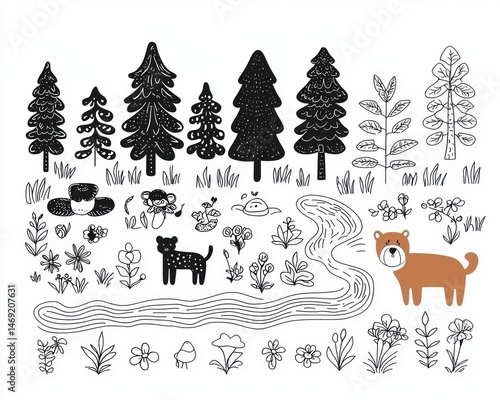 Forest elements, simple illustrations,  nature doodles