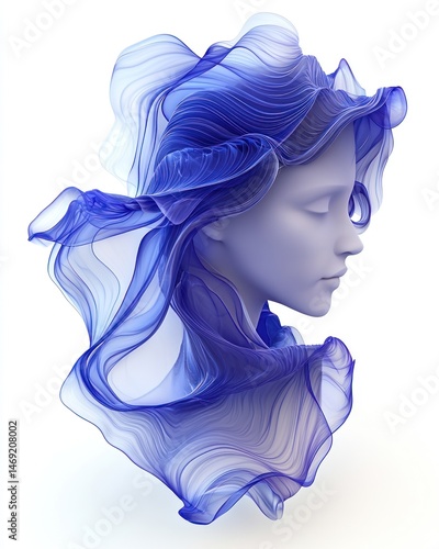 Abstract female head, flowing blue fabric
