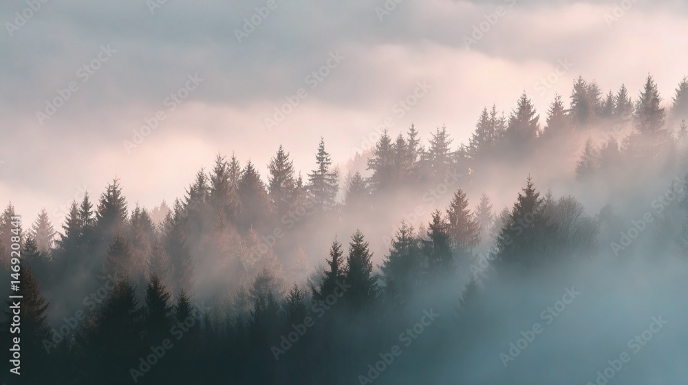 Gentle Mist Over Light Forest with Neutral Tones at Dawn Gentle Mist Over Light Forest with Neutral Tones at Dawn