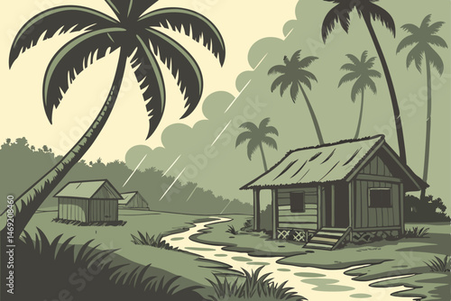 54 tropical village, lush palm trees, rainy season, muddy path, wooden huts, cloudy sky, atmospheric lighting, digital art, photorealistic
