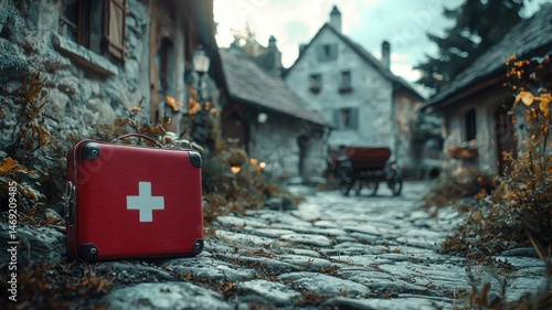 Vintage First Aid Kit on a Cobblestone Path in an Old Village aid village cobblestone path vintage