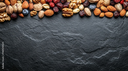 Fototapeta Naklejka Na Ścianę i Meble -  Colorful mix of nuts and dried fruits on dark stone.