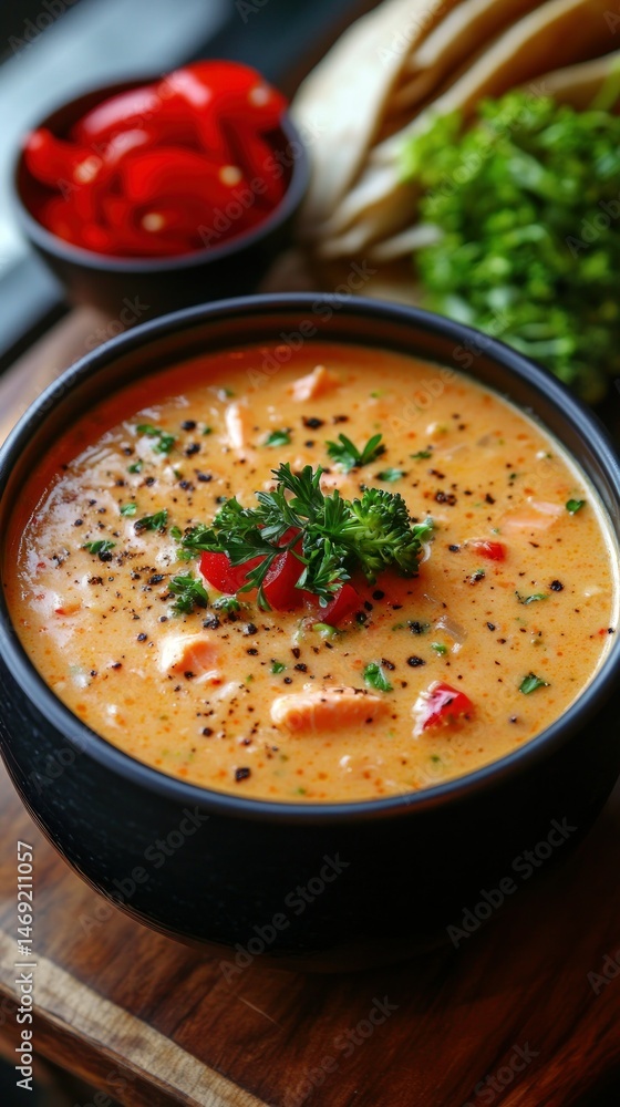 Delicious creamy tomato soup with fresh herbs topping Delicious creamy tomato soup with fresh herbs topping
