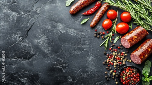 Freshly prepared sausages with herbs and spices on a dark stone surface.