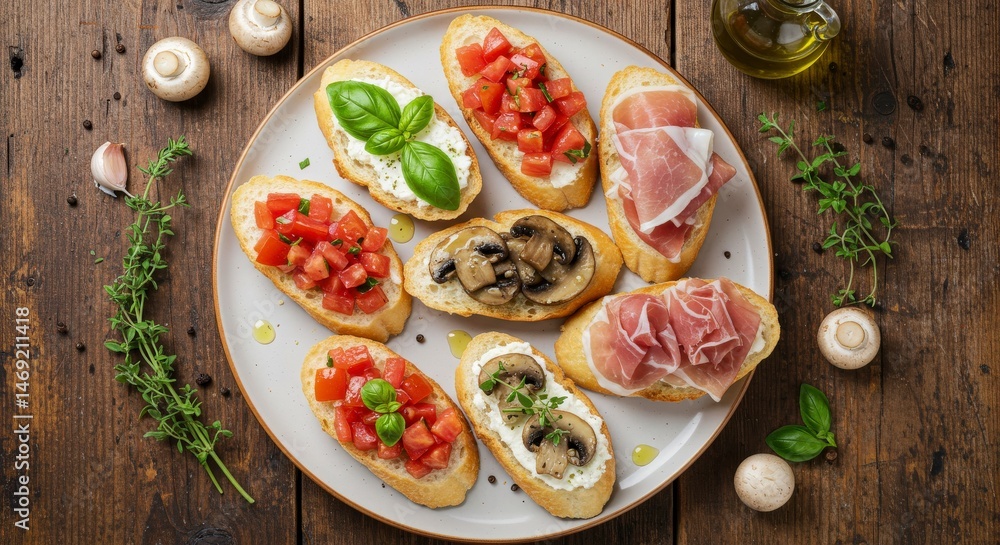 Assortment Of Bruschetta With Tomatoes Mushrooms Cheese And Ham On A White Plate Over Rustic Brown Wooden Table Assortment Of Bruschetta With Tomatoes Mushrooms Cheese And Ham On A White Plate Over Rustic Brown Wooden Table