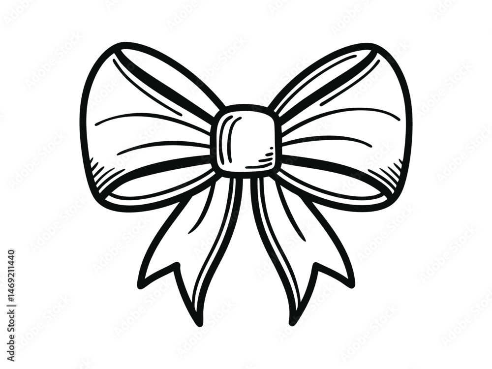 Sketch of lush, elegant ribbon bow. Festive sticker, logo, icon, clipart for party. Birthday decorations. Hand drawn illustration Sketch of lush, elegant ribbon bow. Festive sticker, logo, icon, clipart for party. Birthday decorations. Hand drawn illustration