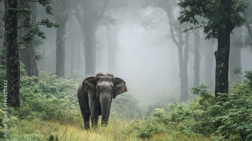 Obraz premium Elephant in misty forest (1)