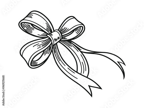 Sketch of lush, elegant ribbon bow. Festive sticker, logo, icon, clipart for party. Birthday decorations. Hand drawn illustration