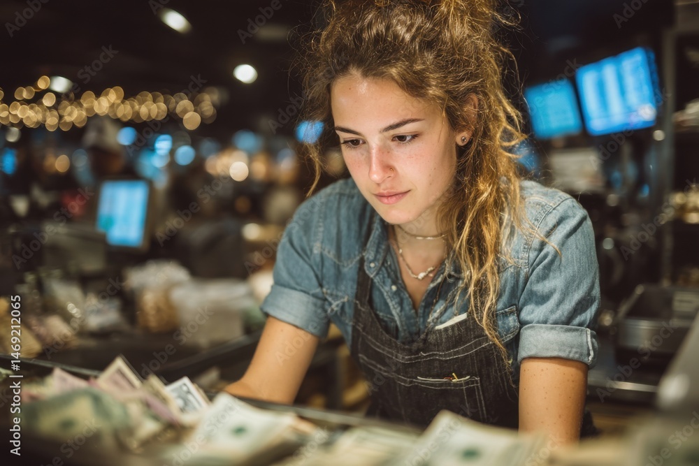 Fototapeta premium Young adult female cashier counting money wearing denim shirt and apron in shop checking sales from day