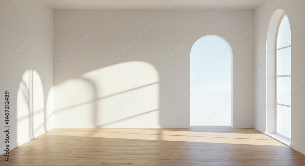 Fototapeta premium Empty room with arched window and light