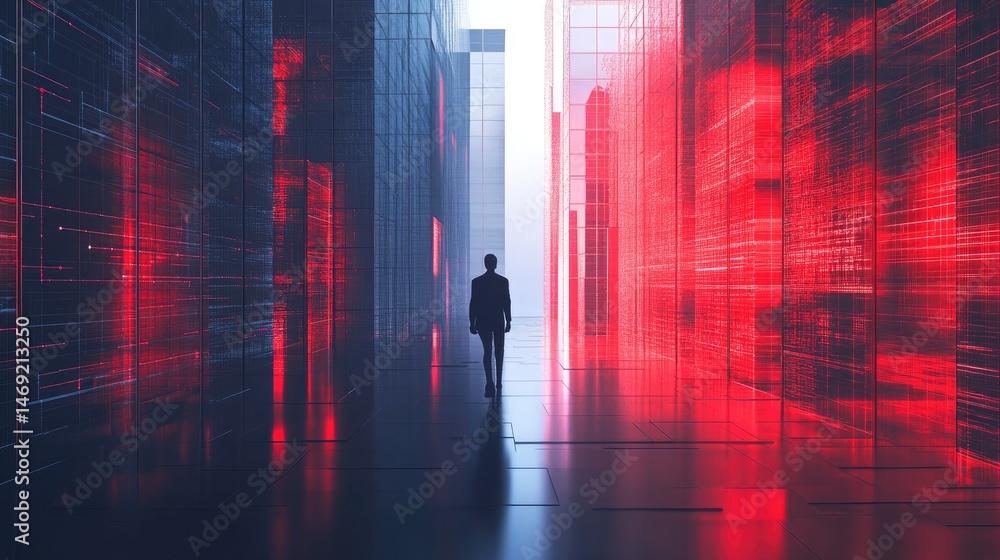 Silhouette of a person walking through a futuristic, digital city corridor Silhouette of a person walking through a futuristic, digital city corridor
