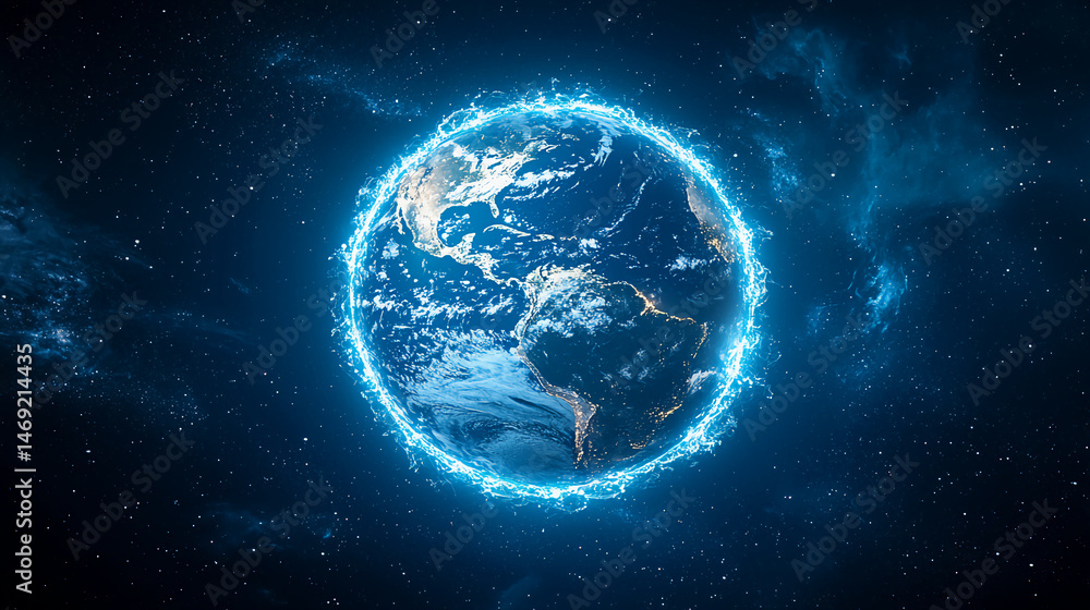 Fototapeta premium Glowing Earth with Electric Blue Energy in Outer Space