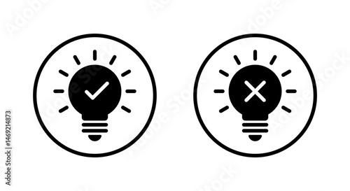 Light bulb with checkmark and cross mark icon on circle line. Creativity and stagnation sign symbol