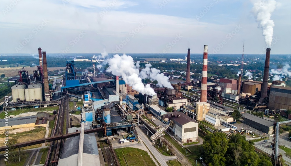 Fototapeta premium Aerial View of Industrial Complex with Smokestacks and Emissions