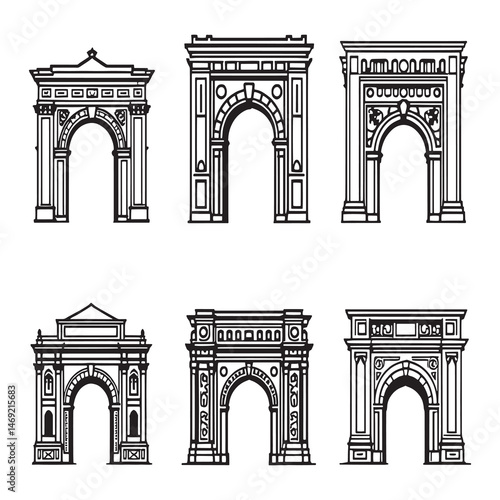 Ancient architectural gate line art vector illustration