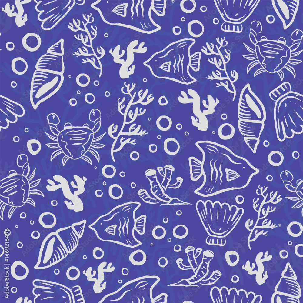 Seamless vector illustration showcasing an underwater scene teeming with vibrant coral reefs, diverse marine life, and serene oceanic beauty. Perfect for designs related to marine conservation Seamless vector illustration showcasing an underwater scene teeming with vibrant coral reefs, diverse marine life, and serene oceanic beauty. Perfect for designs related to marine conservation