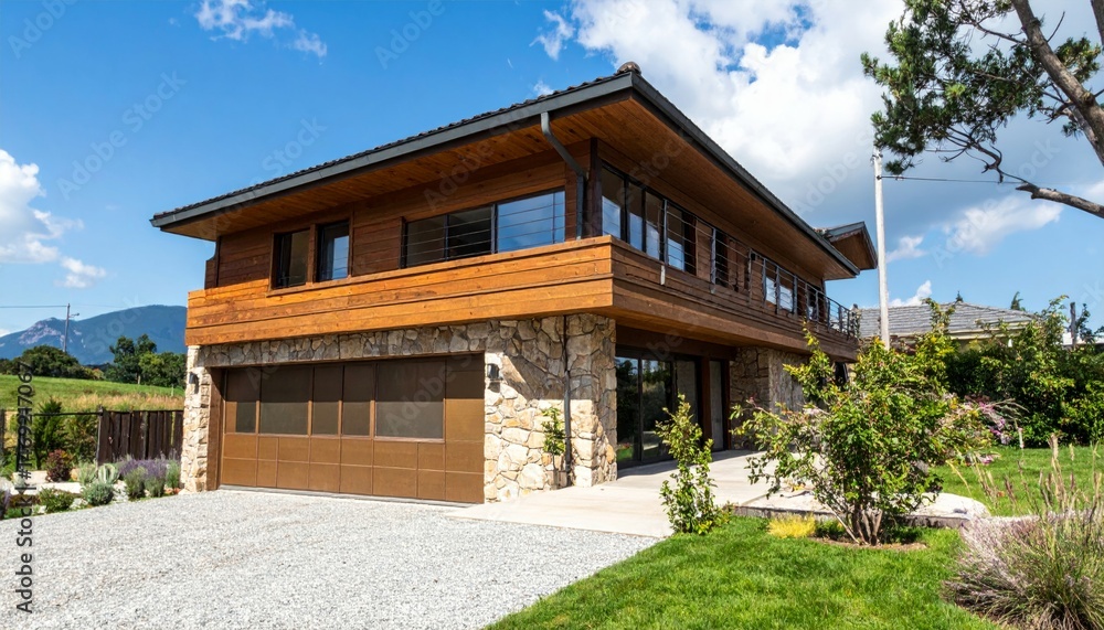 Modern Wooden House with Stone Accents and Clear Blue Sky Modern Wooden House with Stone Accents and Clear Blue Sky