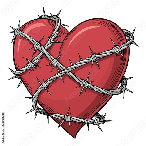 Heart encircled by barbed wire in a bold illustration