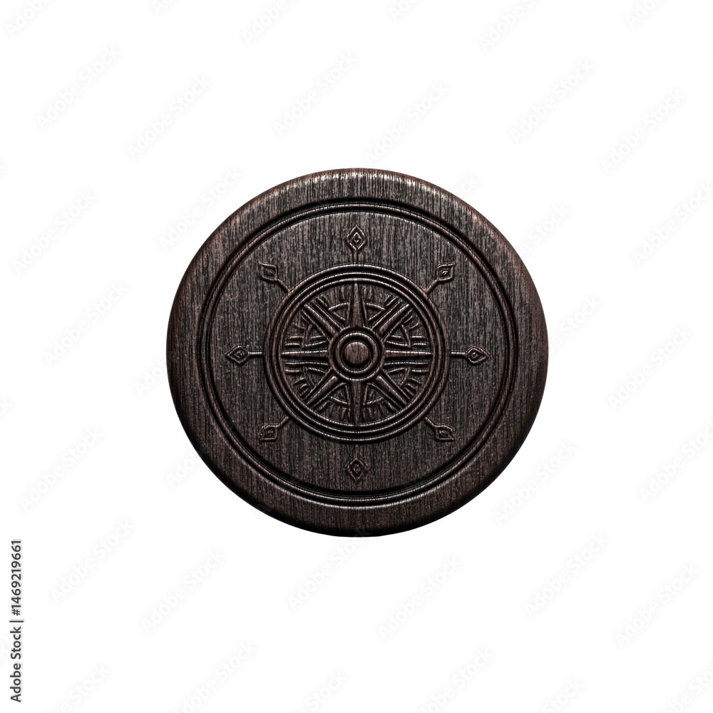 Intricate Wooden Disc with Engraved Dharmachakra Symbol Intricate Wooden Disc with Engraved Dharmachakra Symbol