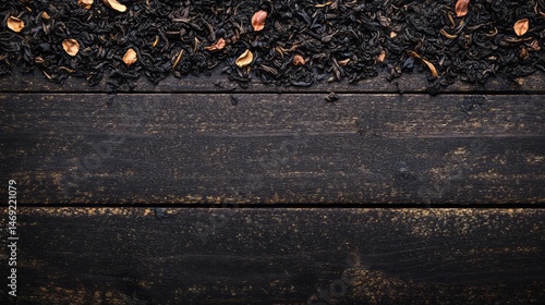 Dried tea leaves on a dark wooden surface.