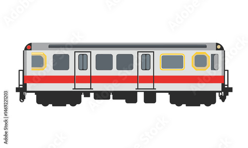 Flat minimalist vector illustration of urban subway train carriage with multiple windows and doors in side view with red stripe detail on white background