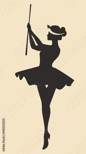 Silhouette of female majorette baton twirler in tutu dancing performing flat minimalist vector art design illustration