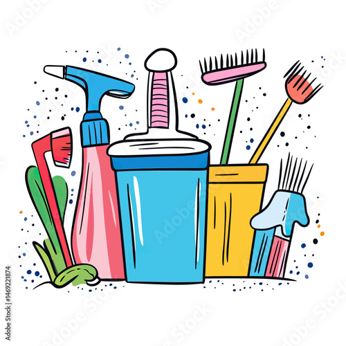 Hand drawn colorful cleaning tools set with spray bottle brush scrubber mop bucket and gloves doodle style vector illustration for cleaning service or household chores design