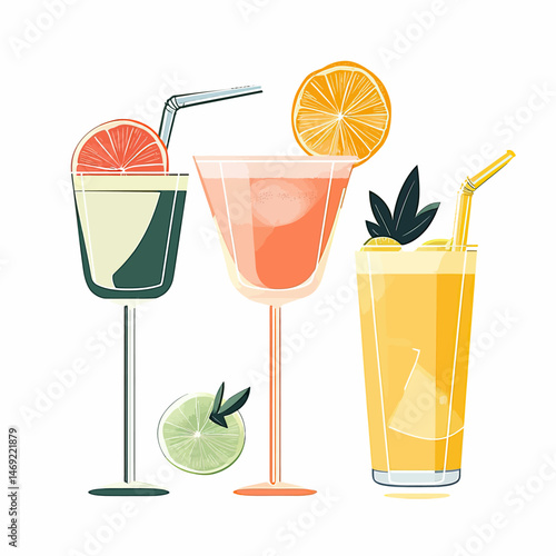 Three colorful cocktails with straws and citrus garnishes grapefruit orange lime minimalist flat vector illustration on white background for summer drinks concept