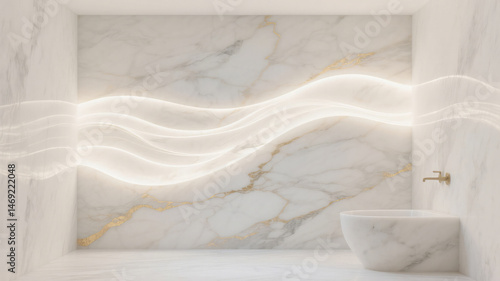 Luxurious bathroom interior featuring white marble wall washbasin and ambient lighting design
