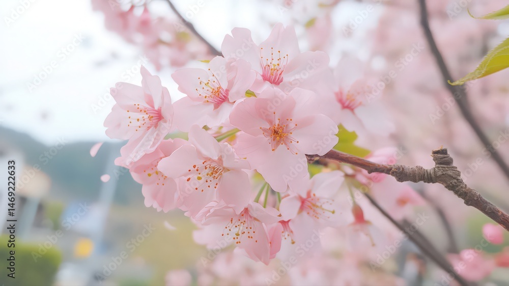 Fototapeta premium Blooming Cherry Blossom Flowers on Branch Detailed Close-Up in Daylight with Blurred Background of Buildings and Sky During Springtime