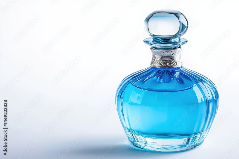 Close up of an isolated blue perfume bottle on a white background with clipping path Close up of an isolated blue perfume bottle on a white background with clipping path