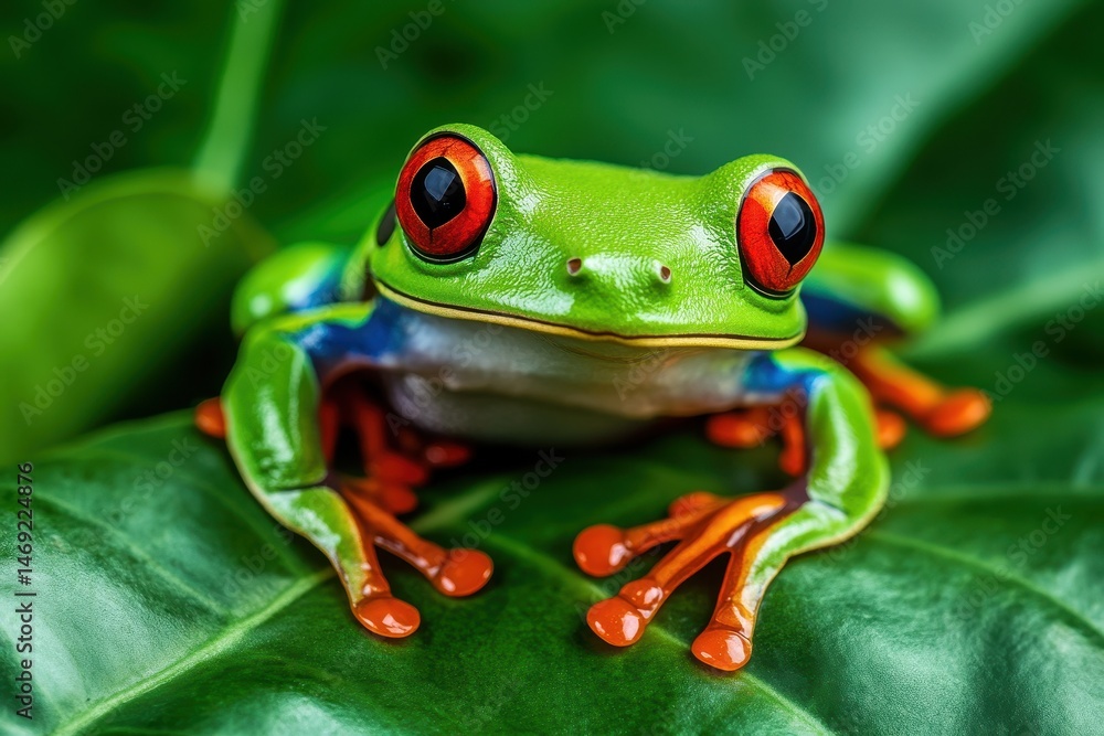 Naklejka premium Closeup of red eyed tree frog on green foliage