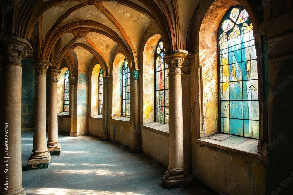 Obraz premium Curved pillars in a chapel with colorful glass