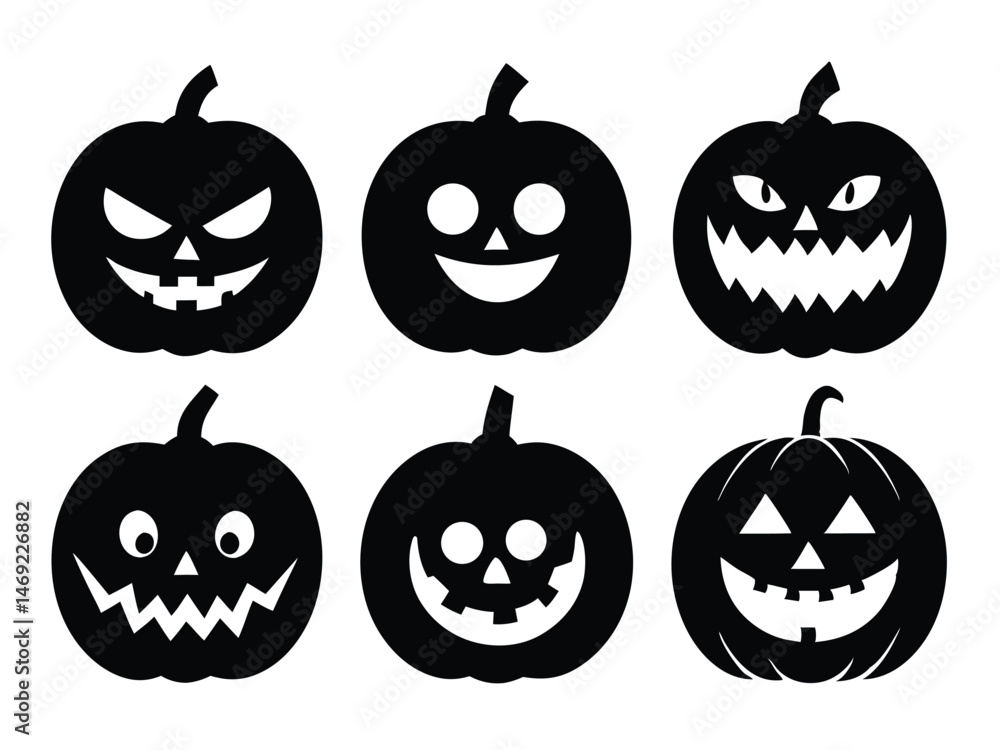 A set of spooky and scary pumpkin face silhouette for Halloween, Scary and funny faces of halloween pumpkin set line art silhouette. vector illustration A set of spooky and scary pumpkin face silhouette for Halloween, Scary and funny faces of halloween pumpkin set line art silhouette. vector illustration