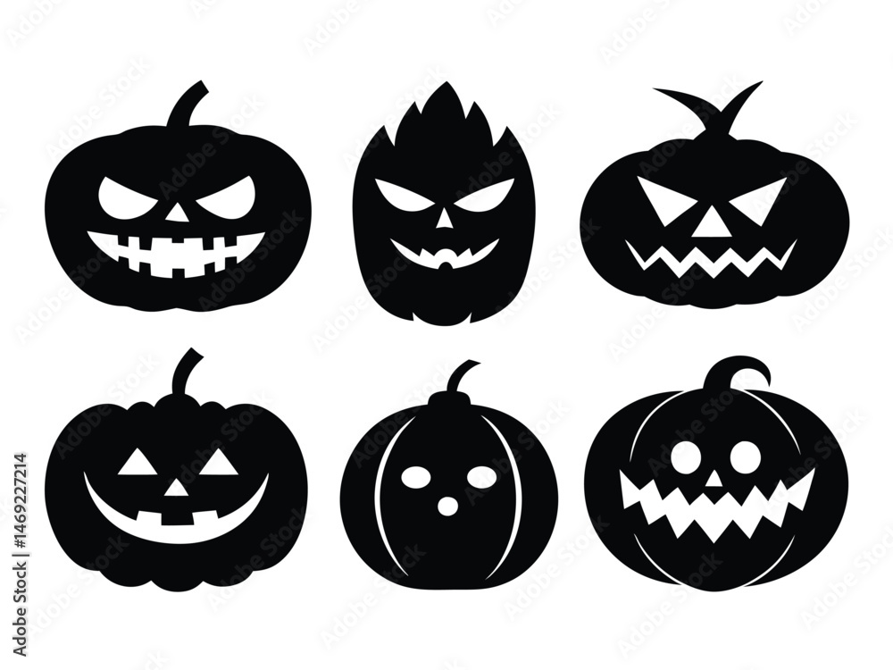 A set of spooky and scary pumpkin face silhouette for Halloween, Scary and funny faces of halloween pumpkin set line art silhouette. vector illustration A set of spooky and scary pumpkin face silhouette for Halloween, Scary and funny faces of halloween pumpkin set line art silhouette. vector illustration