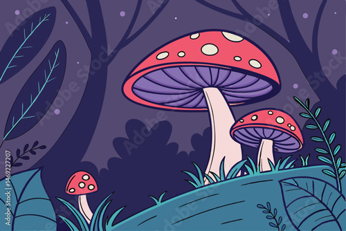 60 colorful psychedelic mushrooms, red and purple toadstool, glowing fungi, night forest, dark background, digital illustration, vibrant colors, detailed, fantasy art, surreal landscape