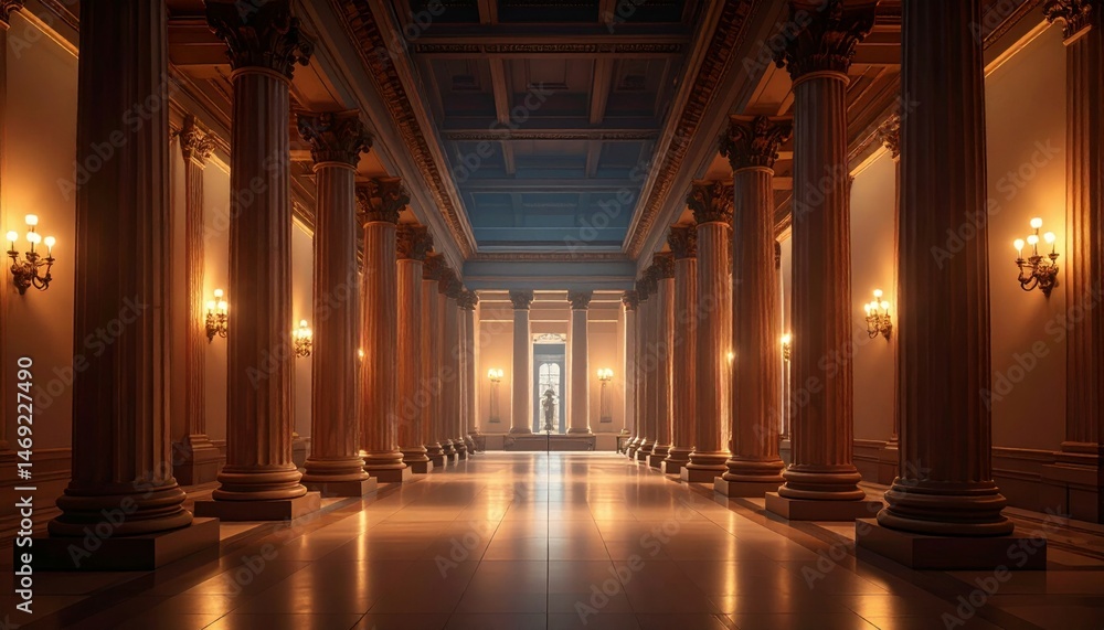 Grand Interior of Classical Hall with Columns and Dramatic Lighting Grand Interior of Classical Hall with Columns and Dramatic Lighting