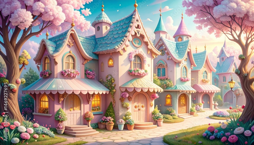 Obraz premium Enchanting Colorful Fairy Tale Houses Surrounded by Blossoming Trees