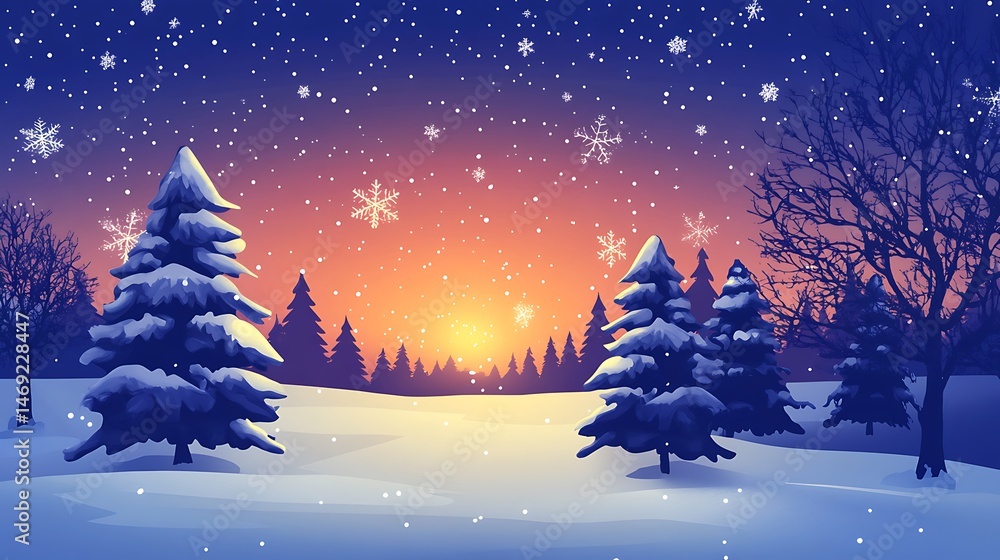 Fototapeta premium Snowy Sunset Winter Forest Scene.