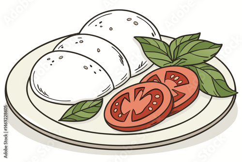 61 mozzarella cheese, tomato slices, basil leaves, plate, realistic, food photography, digital art, hyper realistic