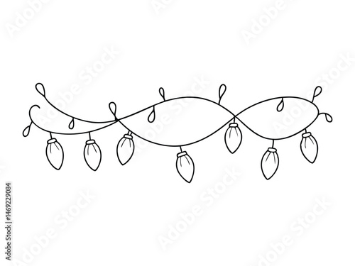 Hand-drawn continuous one-line icon Christmas garland with light bulbs. Glowing festoon border light single line vector illustration in doodle style for celebration, festival, carnival, xmas, new year