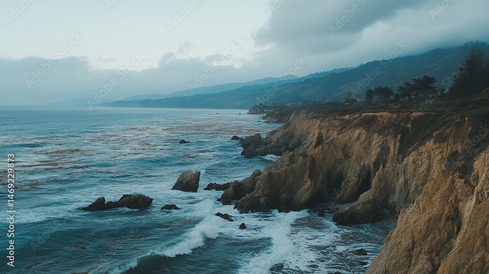 Obraz premium Dramatic coastal scenery of Big Sur California with rugged cliffs and ocean waves