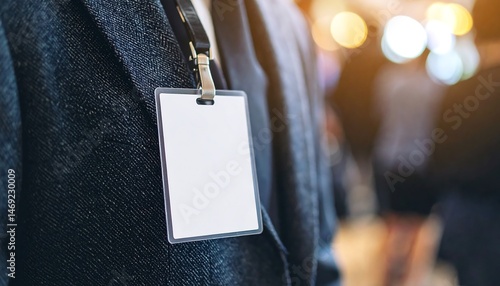 Blank Name Tag on Dark Suit Jacket at a Conference