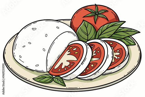 61 mozzarella cheese, tomato slices, basil leaves, plate, realistic, food photography, digital art, hyper realistic