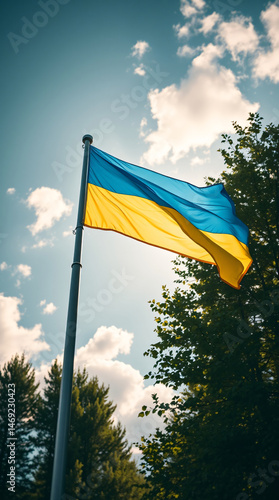 The flag of Ukraine waves proudly on a flagpole against a bright blue sky with scattered clouds. Sunlight filters through surrounding green tree foliage, creating a vibrant, natural atmosphere